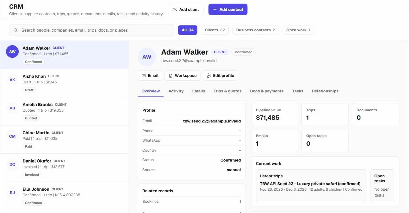 A guest profile in the TBW CRM with pipeline value and trips